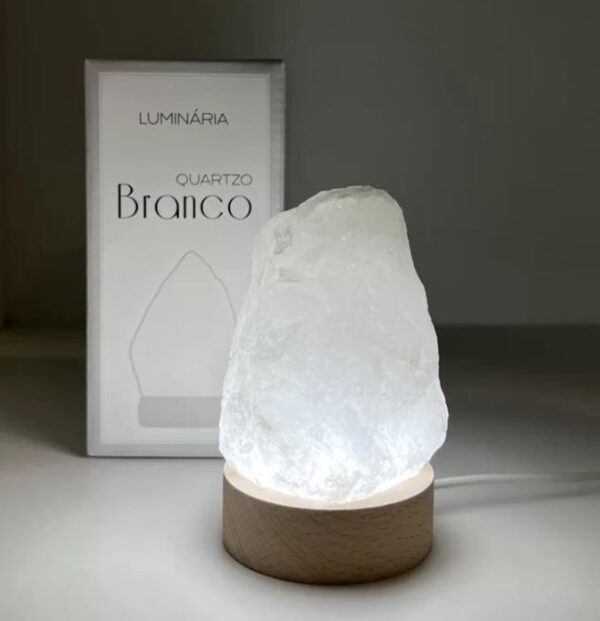 Luminária Abajur Pedra Quartzo Branco com Luz Branca Bivolt